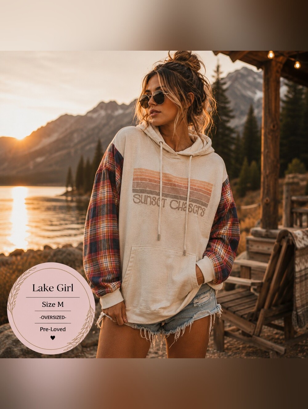 Sunset Chasers Mock Hoodie Plaid Sleeve Pullover Shacket
